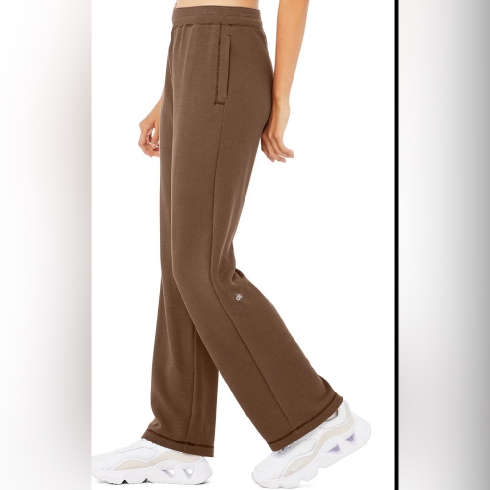Alo Micro Waffle High-Waist Pleasant Wide Leg Pant in Hot Cocoa (Hemmed)